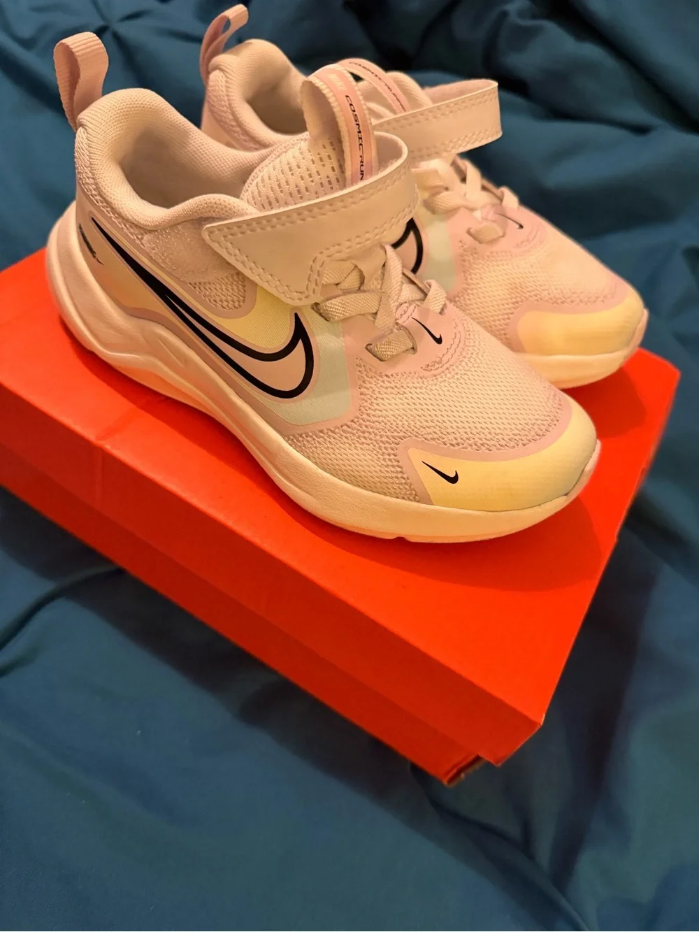 Nike Kids Pink and Cream Velcro Sneakers with Black Swoosh